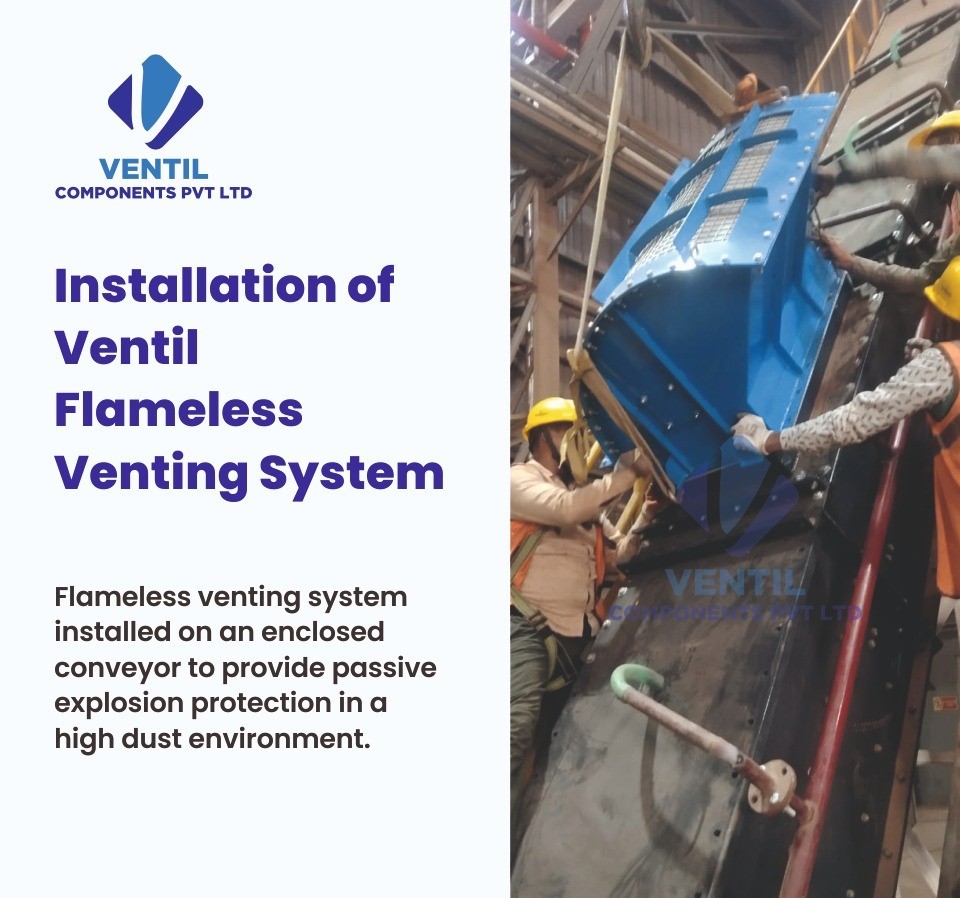 Flameless explosion venting system installed on an indoor enclosed conveyor handling combustible dust