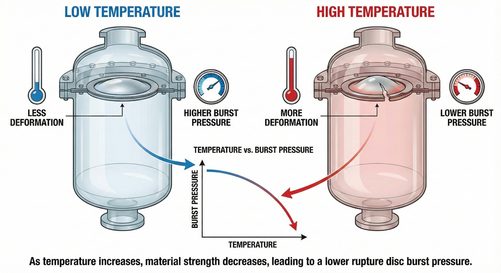 Temperature effect on rupture disc burst pressure curve graph